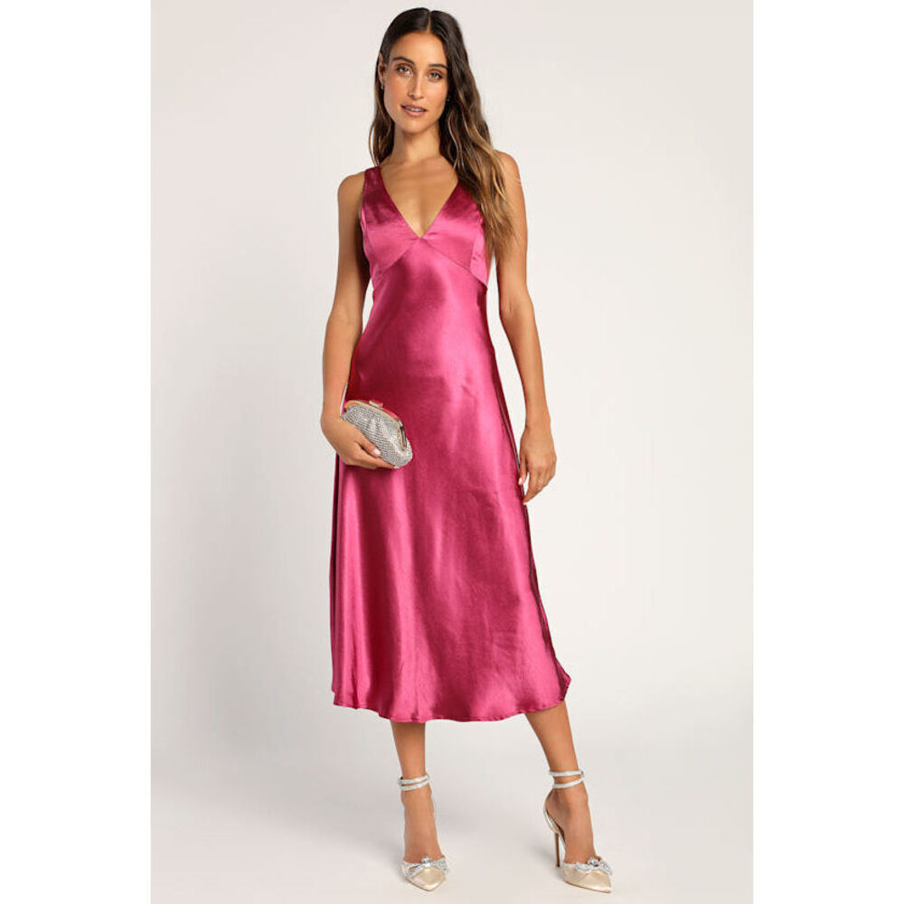 Lulus Incredible Love Magenta Satin Cowl Back Midi Slip Dress Pink - Size M